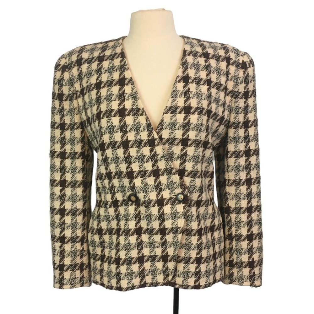 Bill Blass Blassport Womens Vintage 80s Brown Tweed Plaid Blazer, Herringbone 8